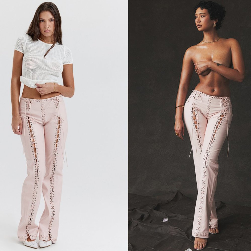 HOUSE OF CB 'Elliot' Peach Vegan Leather Lace Up Trousers NWT